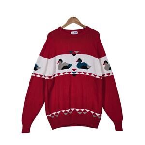 VTG Pringle of Scotland Sweater sz XL Red Ivory Cotton Ducks Cabincore